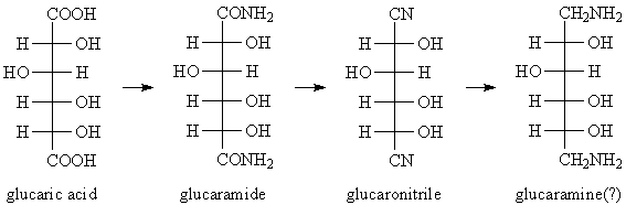 glucaric acid -> glucaramide -> 
glucaronitrile -> glucaramine(?)