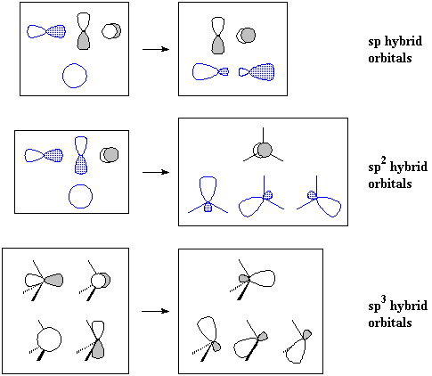 sp, sp2 and sp3 hybrid atomic orbitals