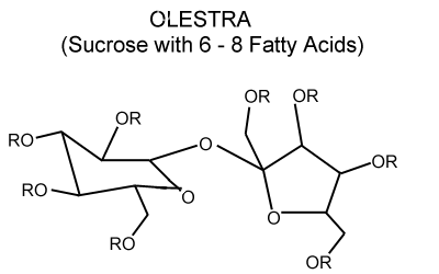 Olestra chemical structure = sucrose + 8 R groups